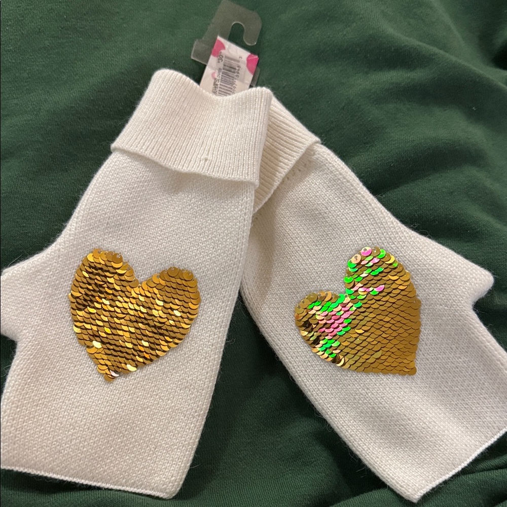 White Fingerless Gloves with Gold Heart Sequins